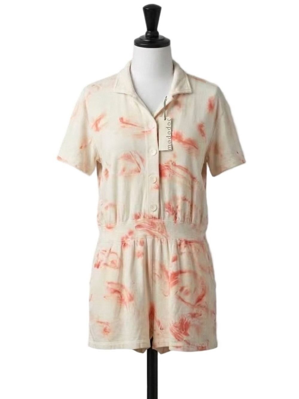 Mododoc Button-Front Romper Coral Peach Tie-Dye Abstract Print Size Small NWT